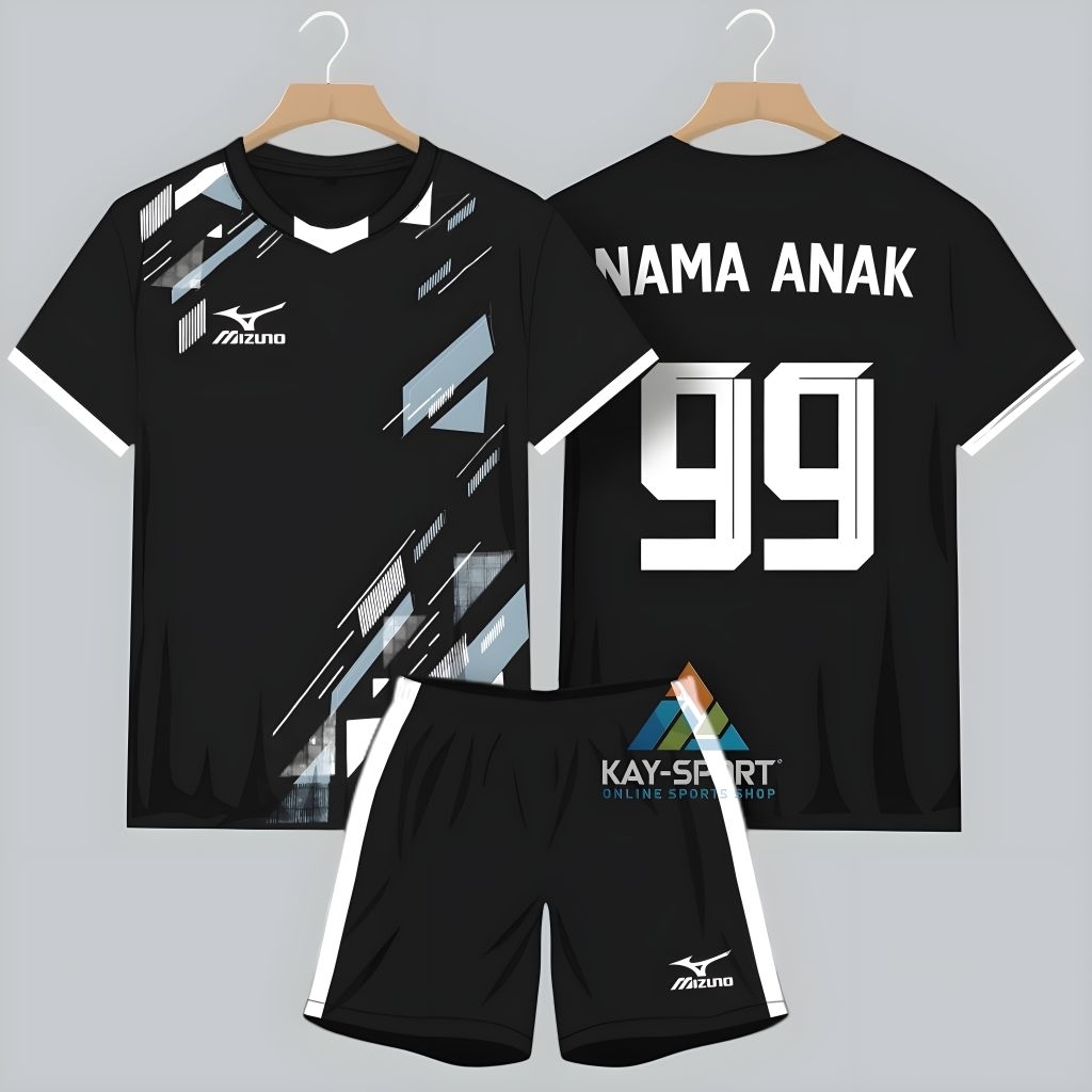 Mizuno Baju Bola Anak Custom Nama+Nomor Setelan Jersey Futsal Anak Usia 5-13 Tahun Baju Volly Anak