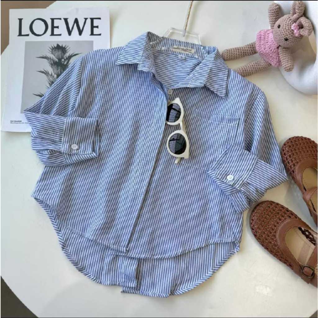 Kemeja salur anak perempuan lengan panjang/baju atasan anak perempuan kancing usia 4-11 tahun