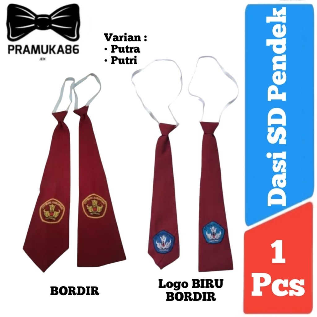 Dasi SD Pendek Karet Putra & Putri Instan / Dasi SD Bordir / Dasi SD Logo Biru BordirPanjang Dasi 25
