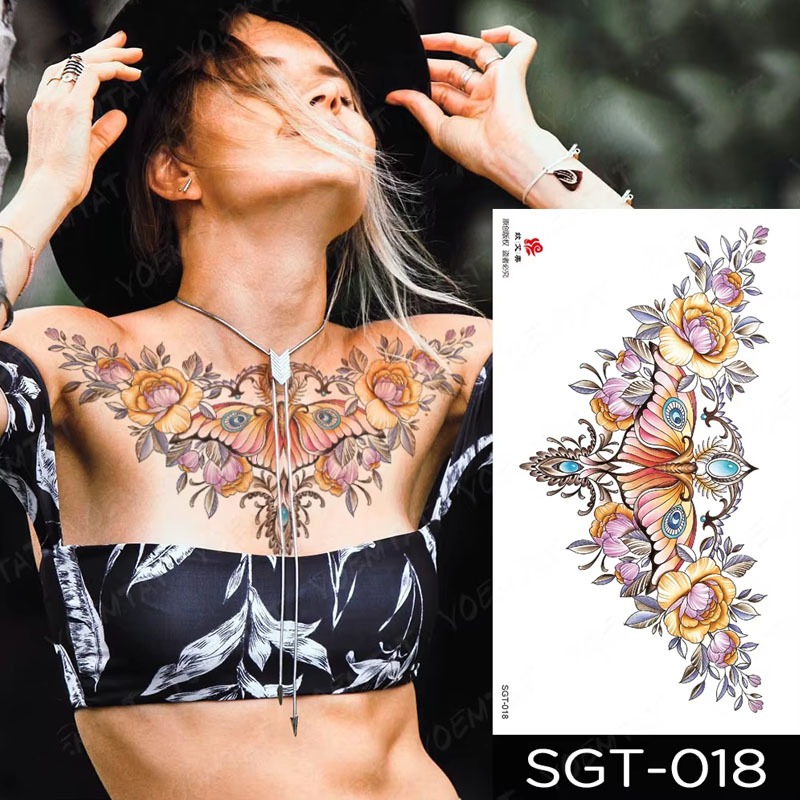 Tato Temporer DADA PUNGGUNG BESAR SGT-018 KUPU DAN BUNGA size 32x19cm tato basic tahan 2-5 hari