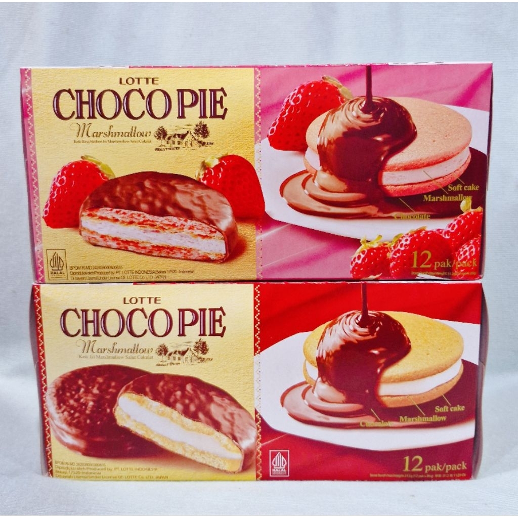 

Lotte Chocopie Marshmallow Coklat / Strawberry (1 Box isi 12 Pcs)