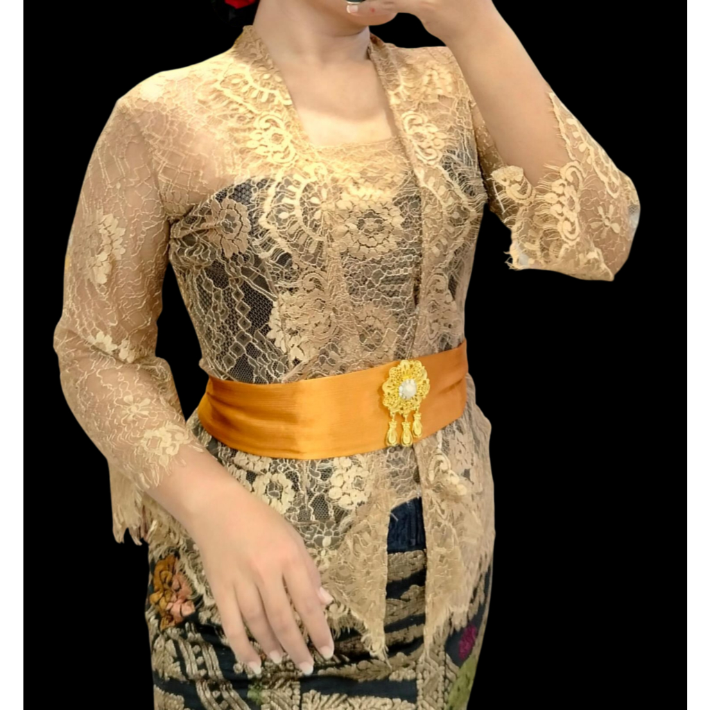 Kebaya Brokat Metalik Santily, Model Bet/Kutu Baru, Lengan Lonceng, Pakaian Atasan Wanita, Adat Bali