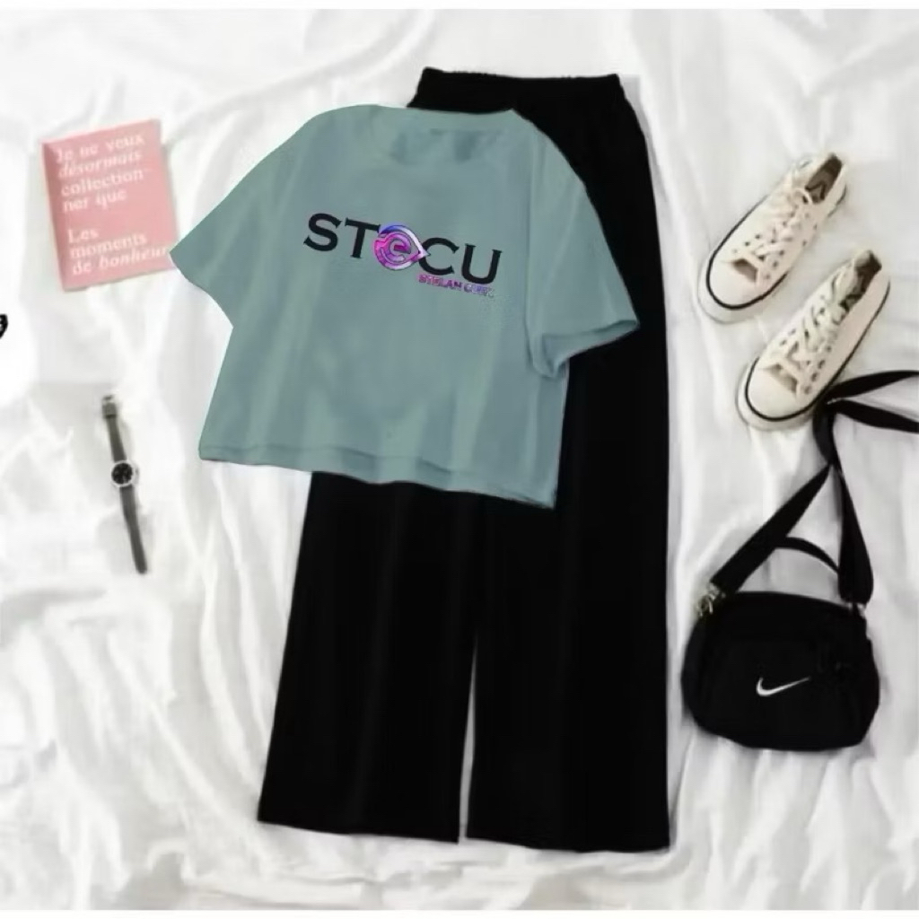 SETELAN CROP STECU KOREAN STYLE KOMBINASI CELANA PANJANG