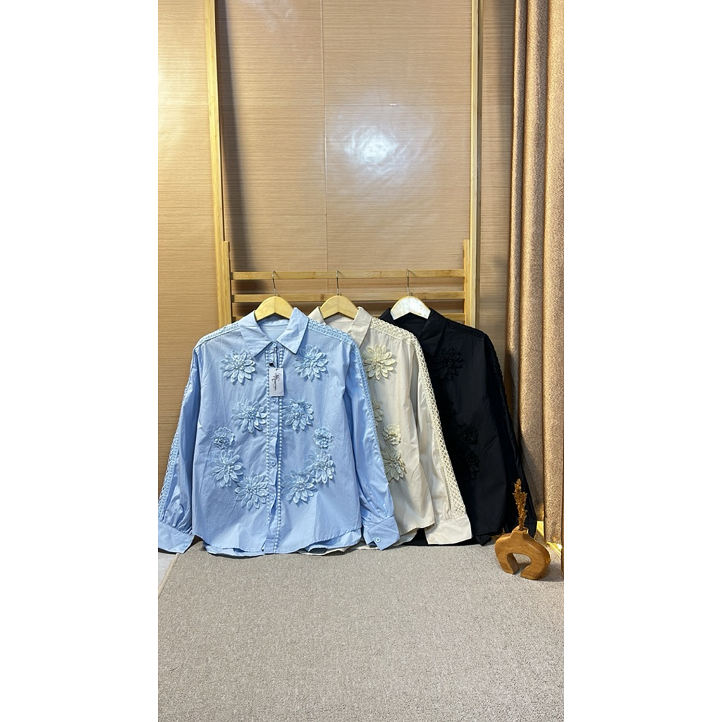 MAUREEN OUTFIT | SEVANA shirt Kemeja Blouse Wanita Bordir Bunga 3D Lengan Renda Elegan – Atasan Brok