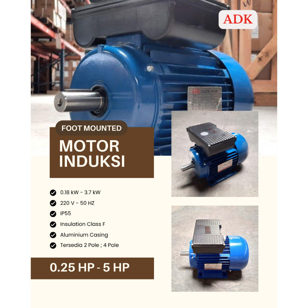 ADK Mesin Dinamo 1 Phase Foot Mounted 3 kW 4 HP 1500 Rpm Starting Running Capacitor