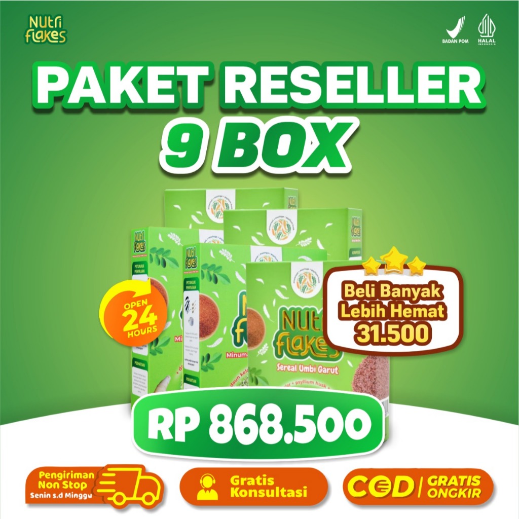 

Paket Reseller 9 Box Nutriflakes Original Sereal Umbi Garut Solusi Atasi Asam Lambung