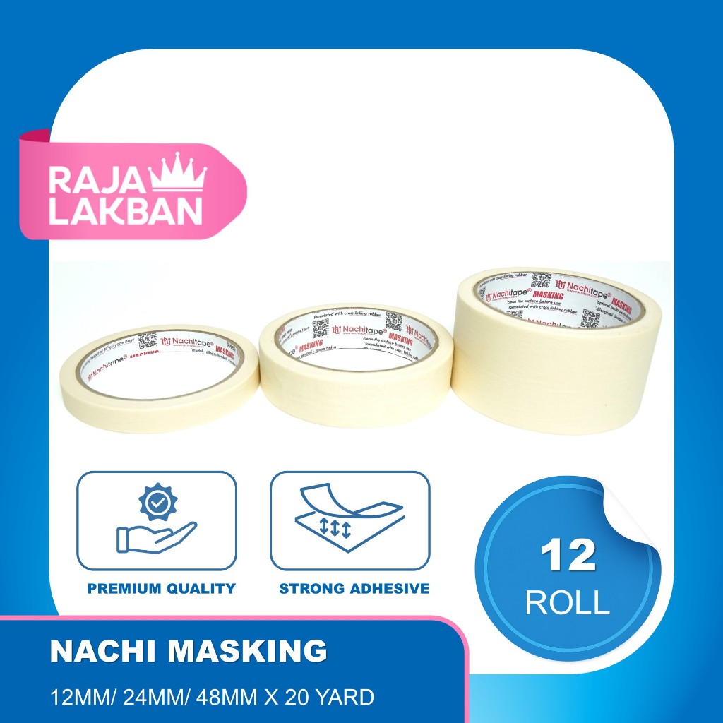 

Lakban Kertas Masking Tape Nachi 0.5 Inch 12mm, 1 inch 24mm, 2 inch 48mm 20 Yard - LUSIN