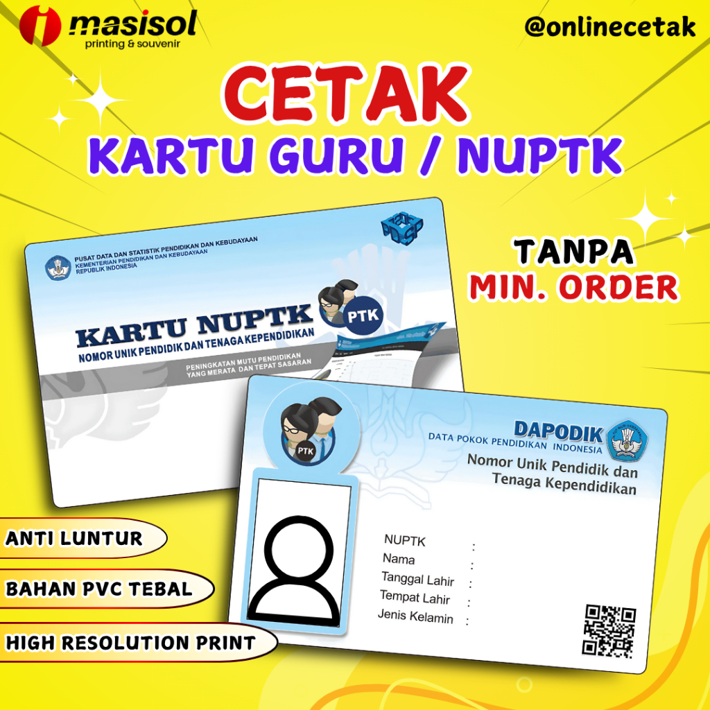 

CETAK KARTU GURU / NUPTK BAHAN TEBAL, ANTI LUNTUR, BERKUALITAS