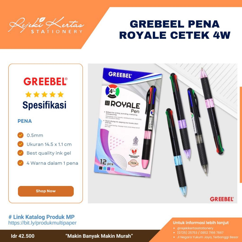 

Grebeel Pena Royale Cetek 4W Ukuran 0.4 mm 14.5x1.1 cm 4 Warna Dalam 1 Pena