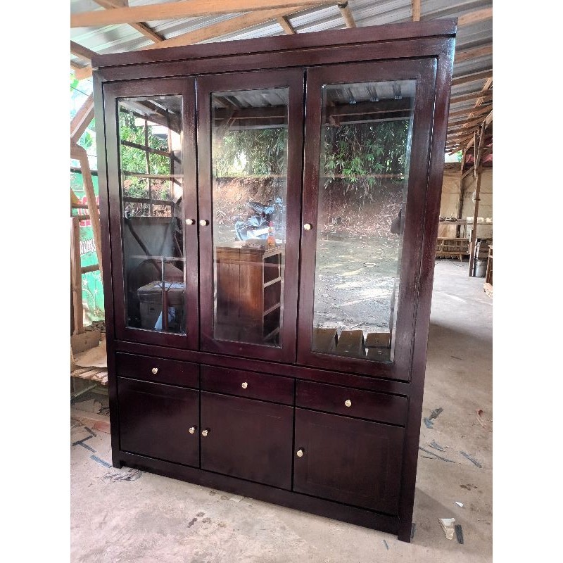 LEMARI KACA HIAS KAYU JATI | LEMARI NAKAS BUFET KACA MINIMALIS FURNITURE JATI | LEMARI KACA HIAS FUR