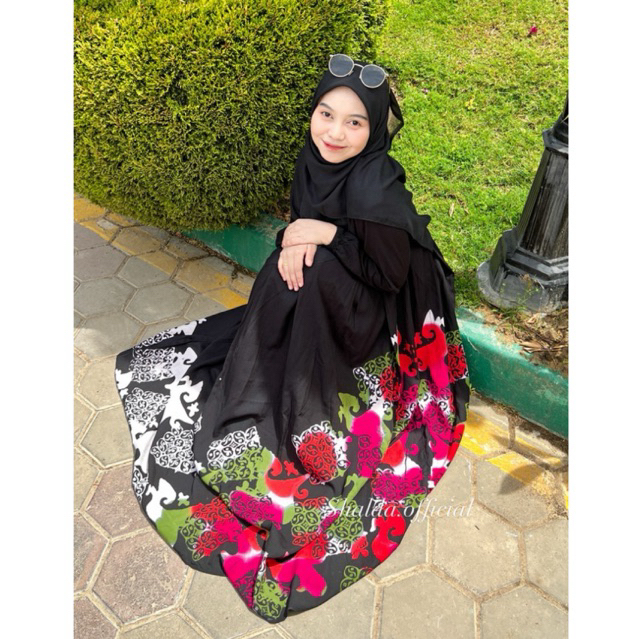 SHALDA BATIK/Gamis Rayon Adem Twill Candi Mekar Size S,M,L,XL & jumbo ld 120, 130 dan 140/Black Flow