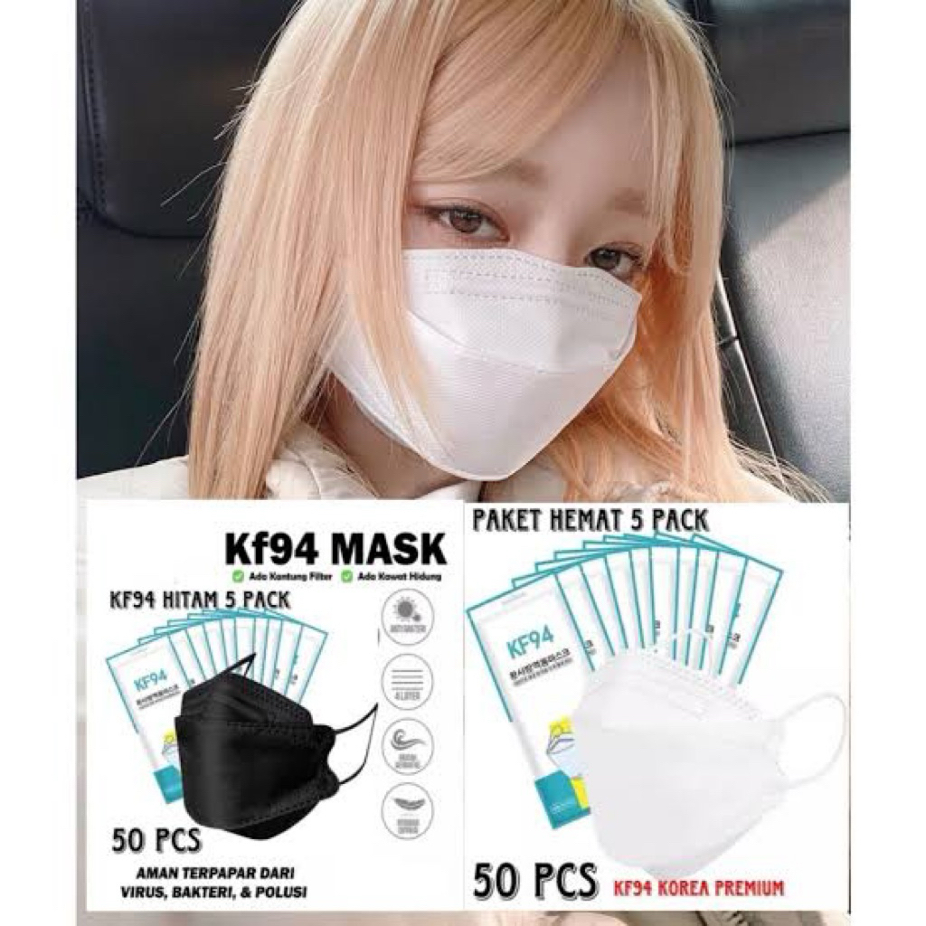 Masker KF94 Korea 4 Ply Isi 50 Pcs – Lekukan V, Ada Lapisan Putih Di Dalam, Tali Kuat Anti Putus