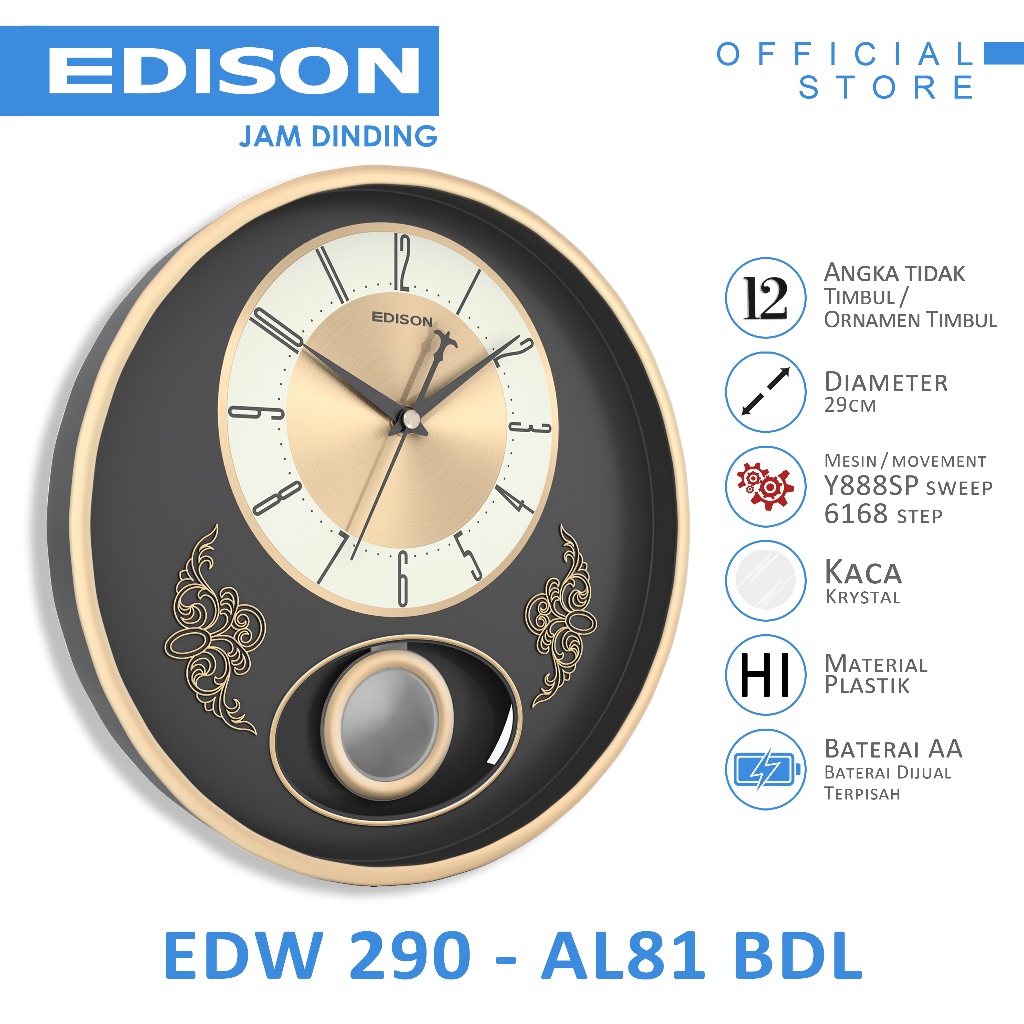 Jam Dinding Edison Sweep ES 290 AL81 Bandul Diameter 290mm 29cm