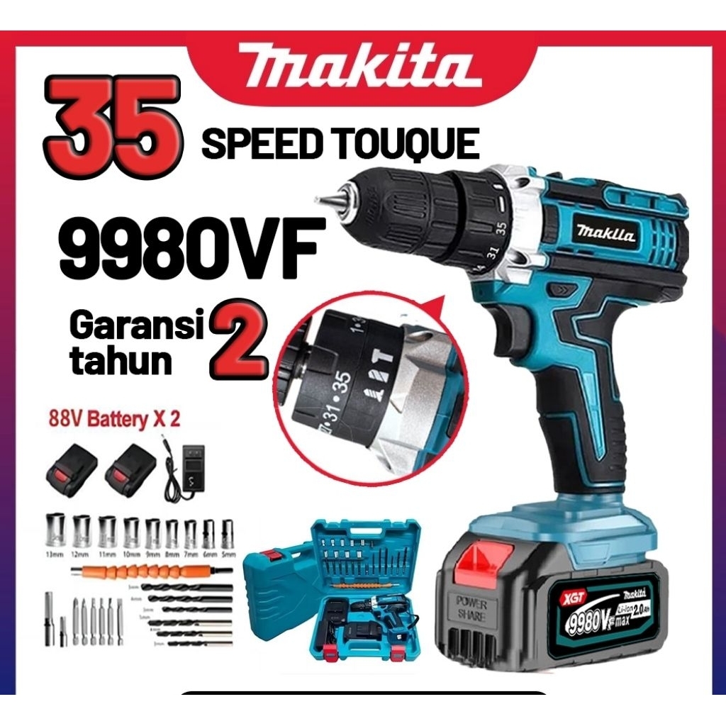bor drill makita 2 baterai 88v/9980vf