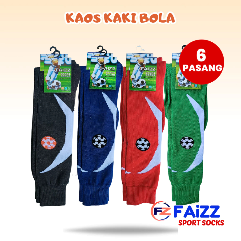 6 Pcs Kaos Kaki Sepak Bola Futsal Tebal Panjang Warna Biru, Hitam, Hijau, Merah | Motif Tanduk Bola