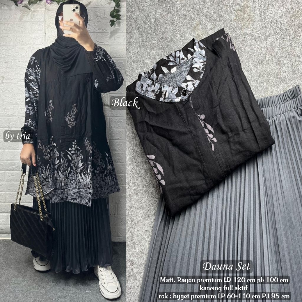 SETELAN WANITA JUNBO LD 120 CM FIT XXL / DAUNA ONE SET LONG TUNIK DAN ROK PLISKET HQ