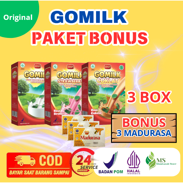 

[ PAKET 3 BOX GOMILK BONUS 3 MADURASA ] [ BISA COD + GARANSI ] GOMILK Susu Kambing Etawa Plus Herbal Untuk Mencegah Kolesterol Asam Lambung Menambah Nafsu Makan Menggemukan Badan dan Nyeri Sendi Serta Tidak Bau Amis