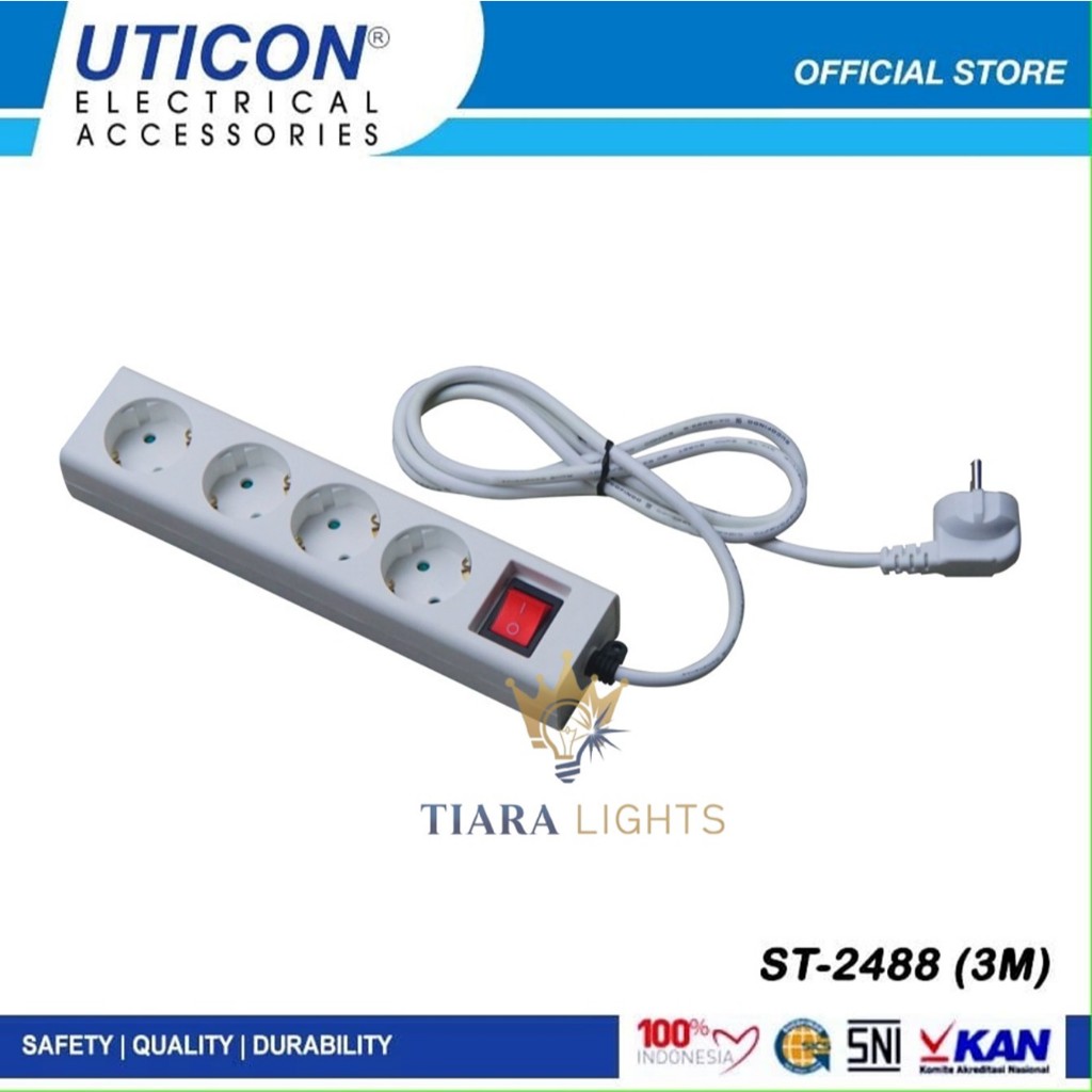 UTICON | Stop Kontak 4 Lubang + Saklar + Kabel 3 Meter (Uticon ST-2488)