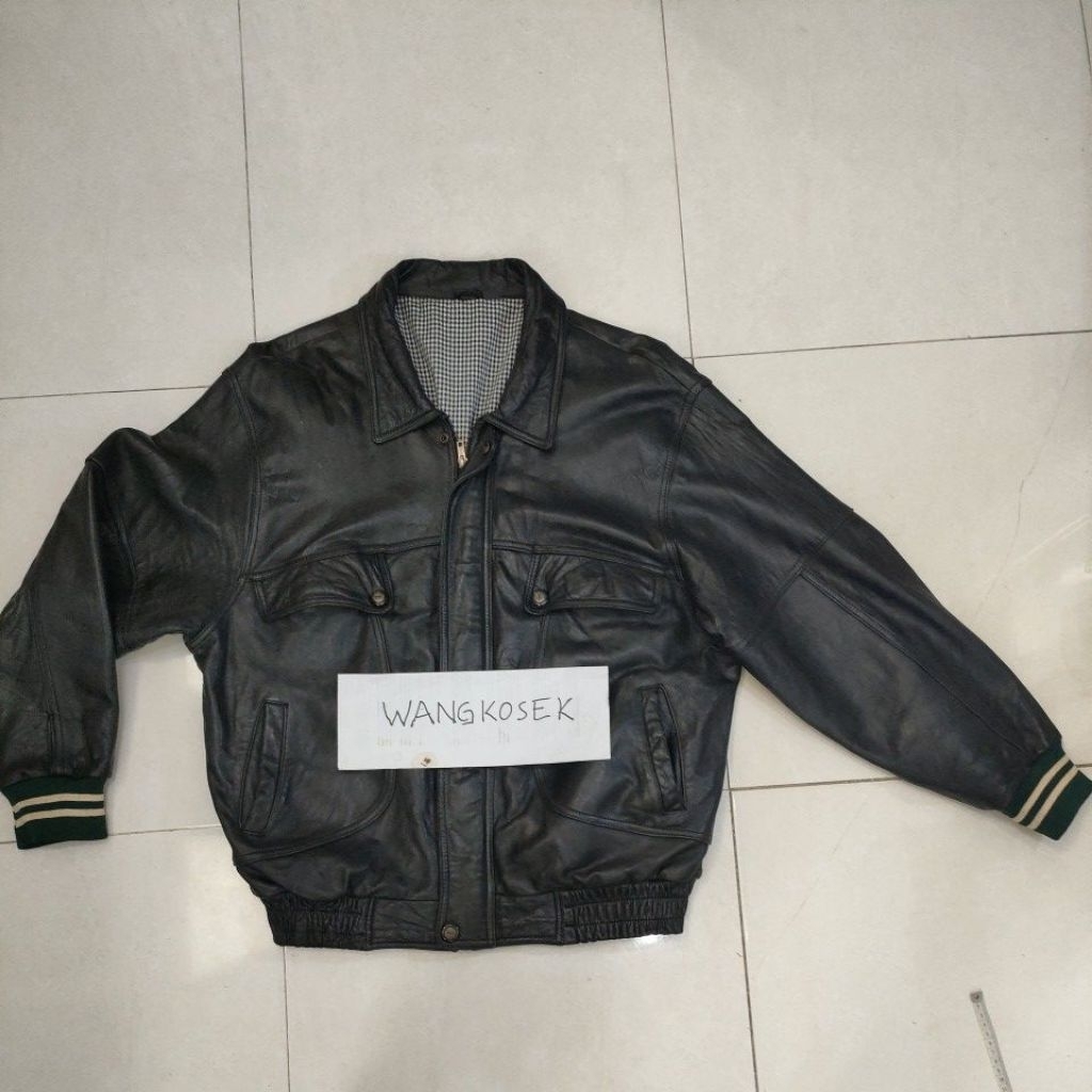 Jaket kulit asli ori bomber hitam lengan karet rib big size jumbo