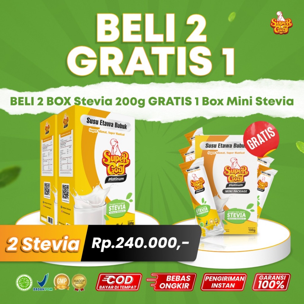 

KATALOG KEJUT Supergoat 2 Box Stevia 200gr FREE 1 box Stevia Mini Package Solusi Diabetes
