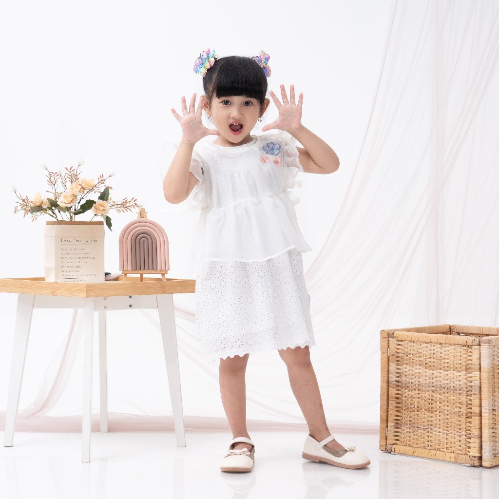 Delova Kids - VEST ORGANZA Premium Modern Stylish Outer Motif Bunga Musim Panas Satin Putih Anak Perempuan Setelan Atasan Anak Kids Renda Baju Cewek Kondangan Lebaran Pesta Perempuan Mewah Remaja Model Korea Style Terbaru Kekinian Birthday Flowy