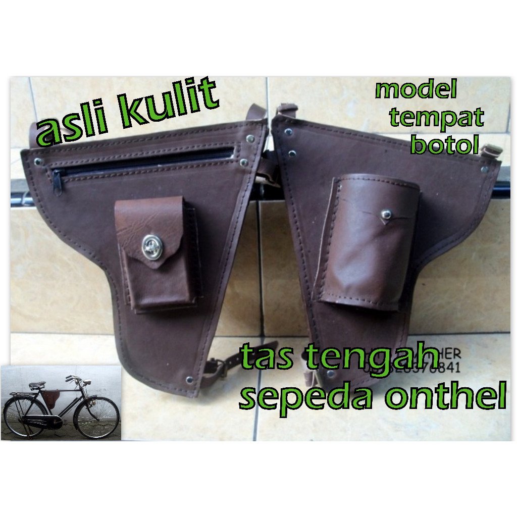 tas onthel tas tengah onthel tempat botol - tas botol sepeda onthel kulit asli - tas sepeda onthel
