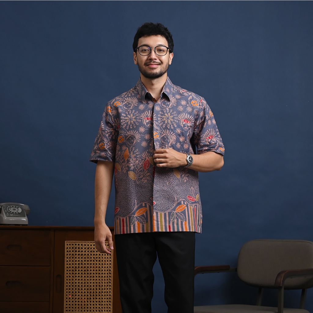 Trabalho - Betawi Grey Short M0306, Kemeja batik pria lengan pendek