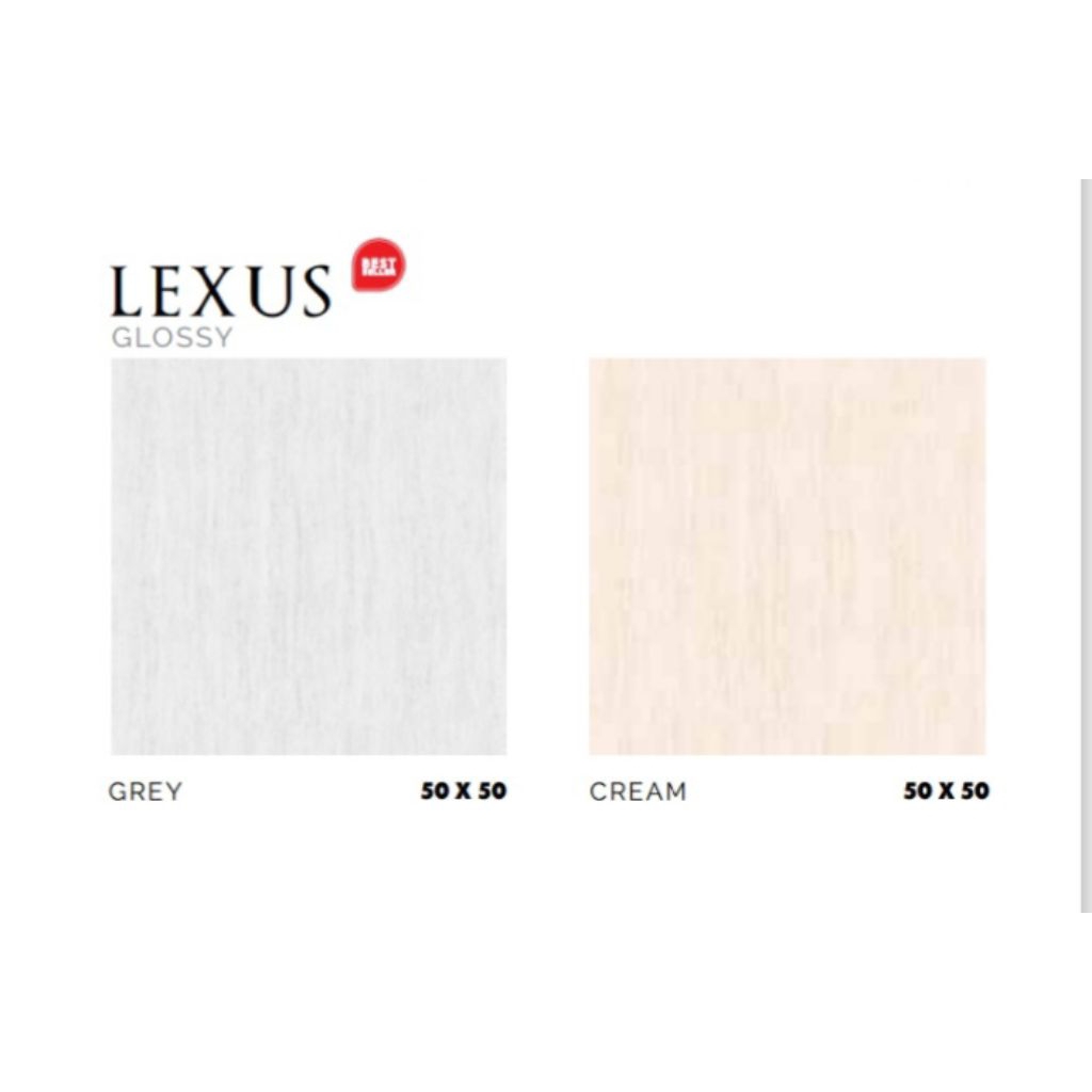 KERAMIK MERK PLATINUM TIPE LEXUS GREY CREAM UKIRAN 50X50 WARNA ABU DAN CREAM PERMUKAAN TEKSTURE GLOS