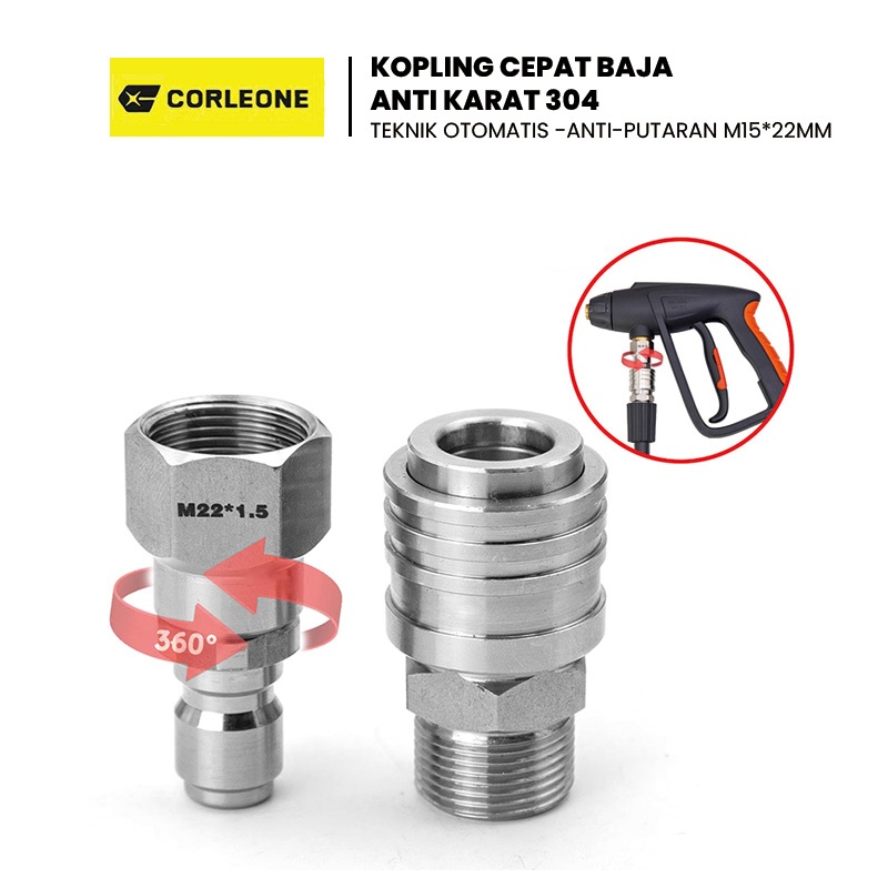 Kopling Cepat Otomatis Autolock Quick Release 3/8 Inch M22 Swivel 360° & Female Adaptor 15mm Stainle