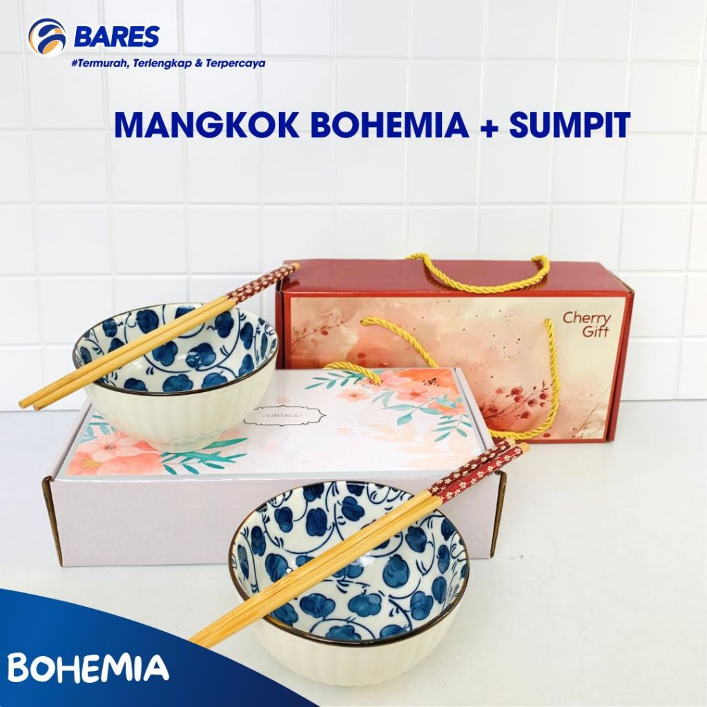 Souvenir Mangkok BOHEMIA ISI 2 + SUMPIT Set Keramik | Japanese Wedding Gift Box  | Mangkok Souvenir