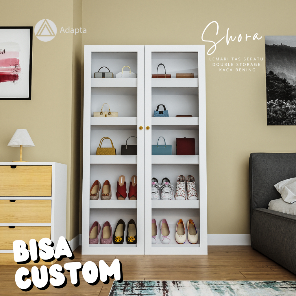 Adapta - Lemari Rak Sepatu & Tas Minimalis – Lemari Double Storage 2 Pintu Kaca Bening - SHORA - A18