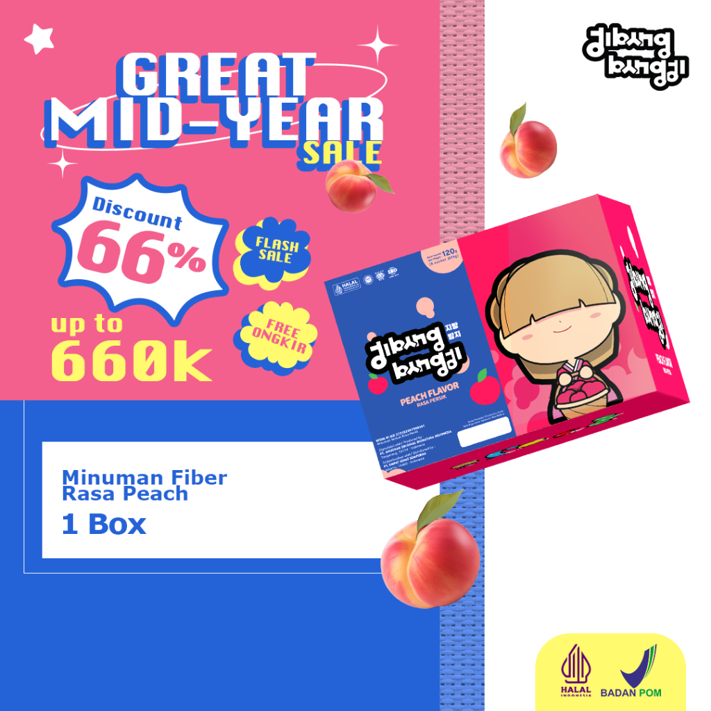 

JIBANG BANGJI - Minuman Fiber 1 Box 8 Sachet Rasa Peach Beli 6 Box Gratis Shaker Elektrik