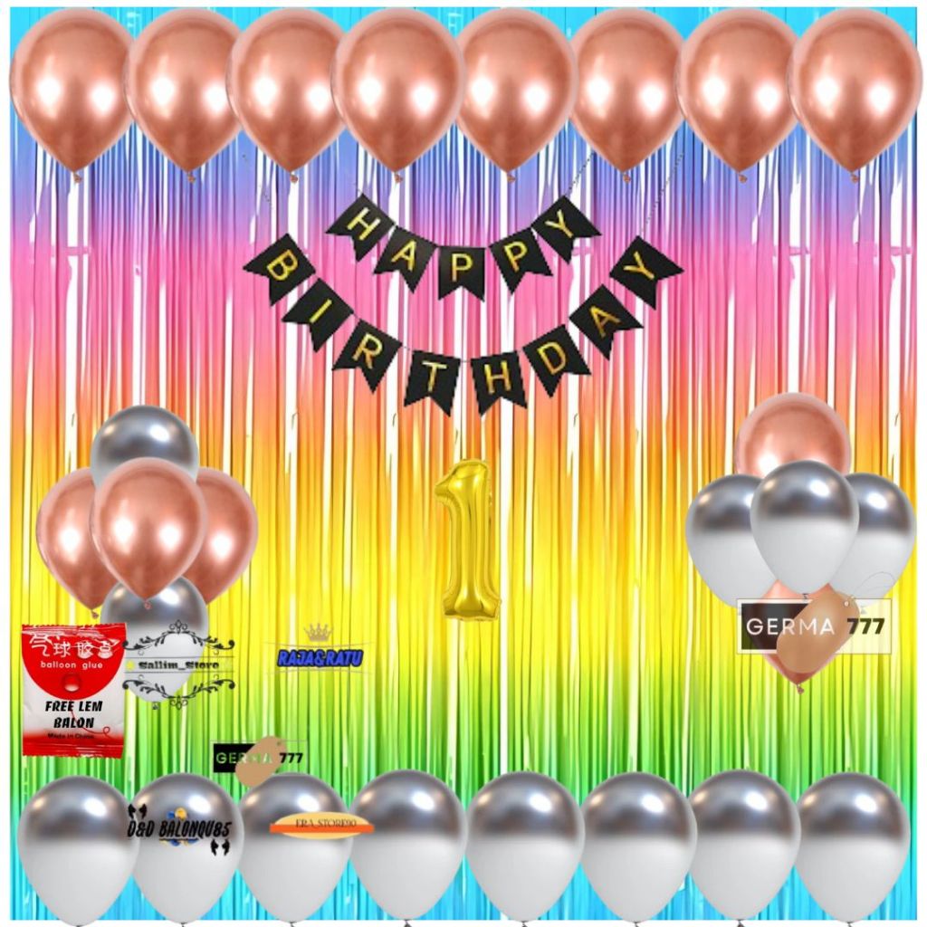 Paket Set Dekorasi Ulang Tahun Anak Balon Silver Rosegold Banner Happy Birthday Tirai Ultah Hbd