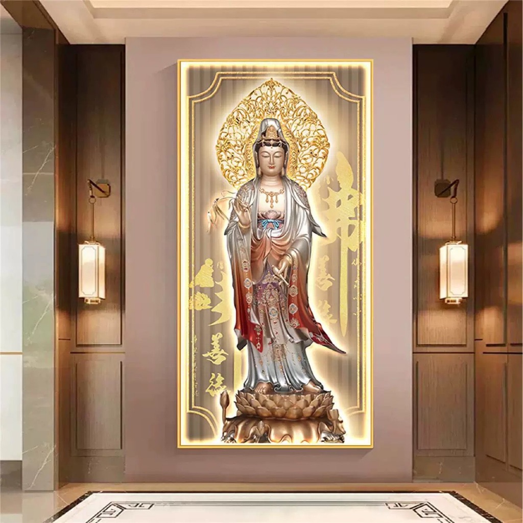 Lukisan LED Porcelain 5D Diamond Motif Buddha Buddhist Pajangan Dinding Lampu Dewi Kwan Im Wall Deco