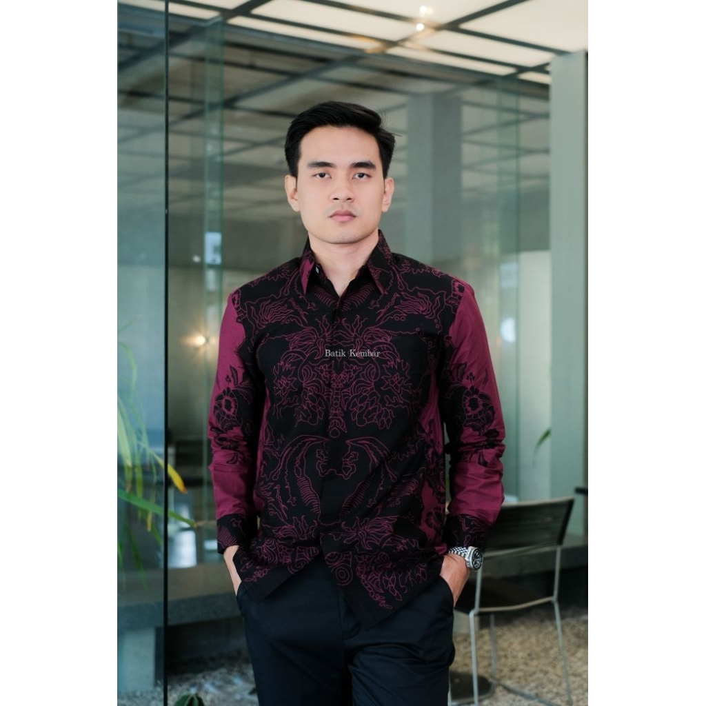 Baju Batik Pria Reguler LENGAN PANJANG Motif KANZA MERAH Kain Katun Lapisan Furing Baju Pesta Baju K