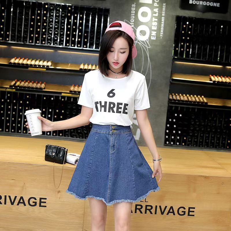 Rok denim impor/rok biru denim dicuci/rok payung setengah-tubuh A-line/2025 rok denim high-waist bar