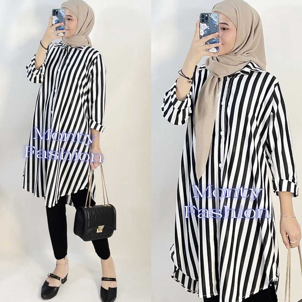 Flash Sale  Tunik Salur Hitam Putih Dewasa MONTYFASHION 137 Tunik Atasan