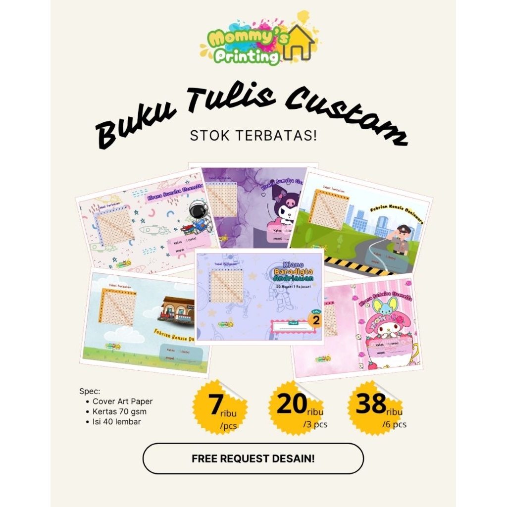 

BUKU TULIS COSTUM PERSIAPAN TAHUN AJARAN BARU UNTUK JENJANG SEKOLAH 38 LEMBAR