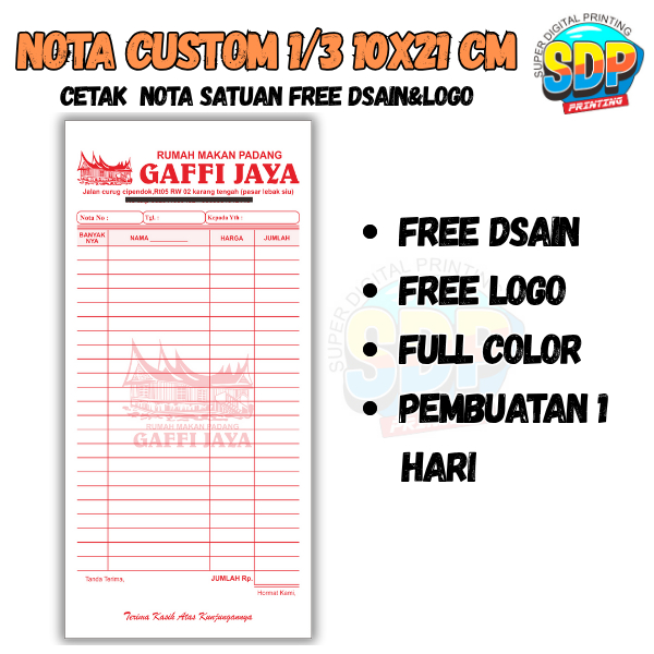 

nota custom 1/3 gratis dsain ukuran 10x21 cm nota panjang bon full color kwitansi multi printing