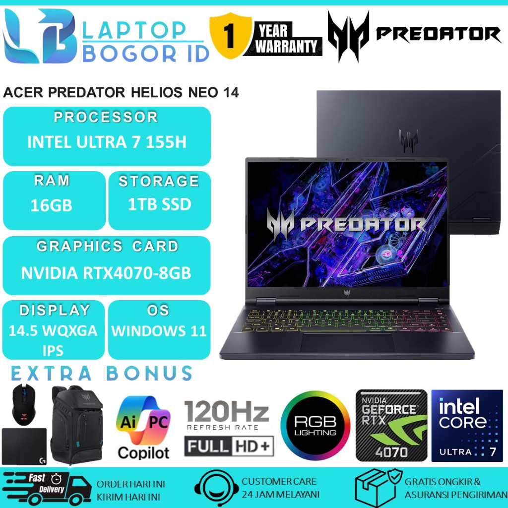 ACER PREDATOR Helios Neo 14 PHN14-51 Intel Ultra 7 155H 32GB 2TB SSD RTX4070-8GB WQXGA Windows 11