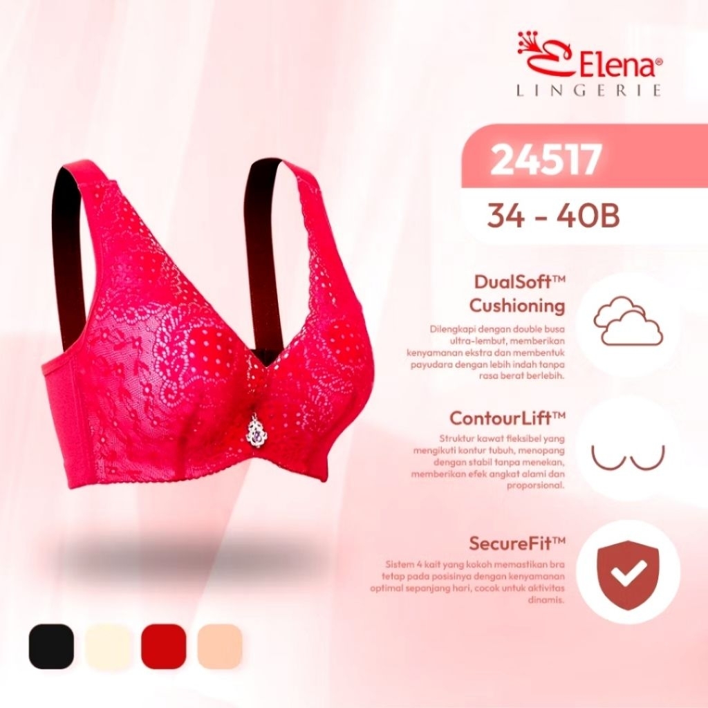 Elena Fashion Bra Berkawat Busa Tebal BH Cup B Medium E 24517B - 34B-40B - Bra Brukat Kait 4