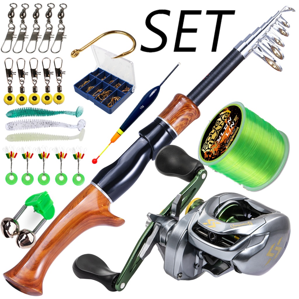 Set Joran Pancing Teleskopik 1.6m Gagang Kayu dengan Reel Casting 7.2:1 12+1BB Portabel
