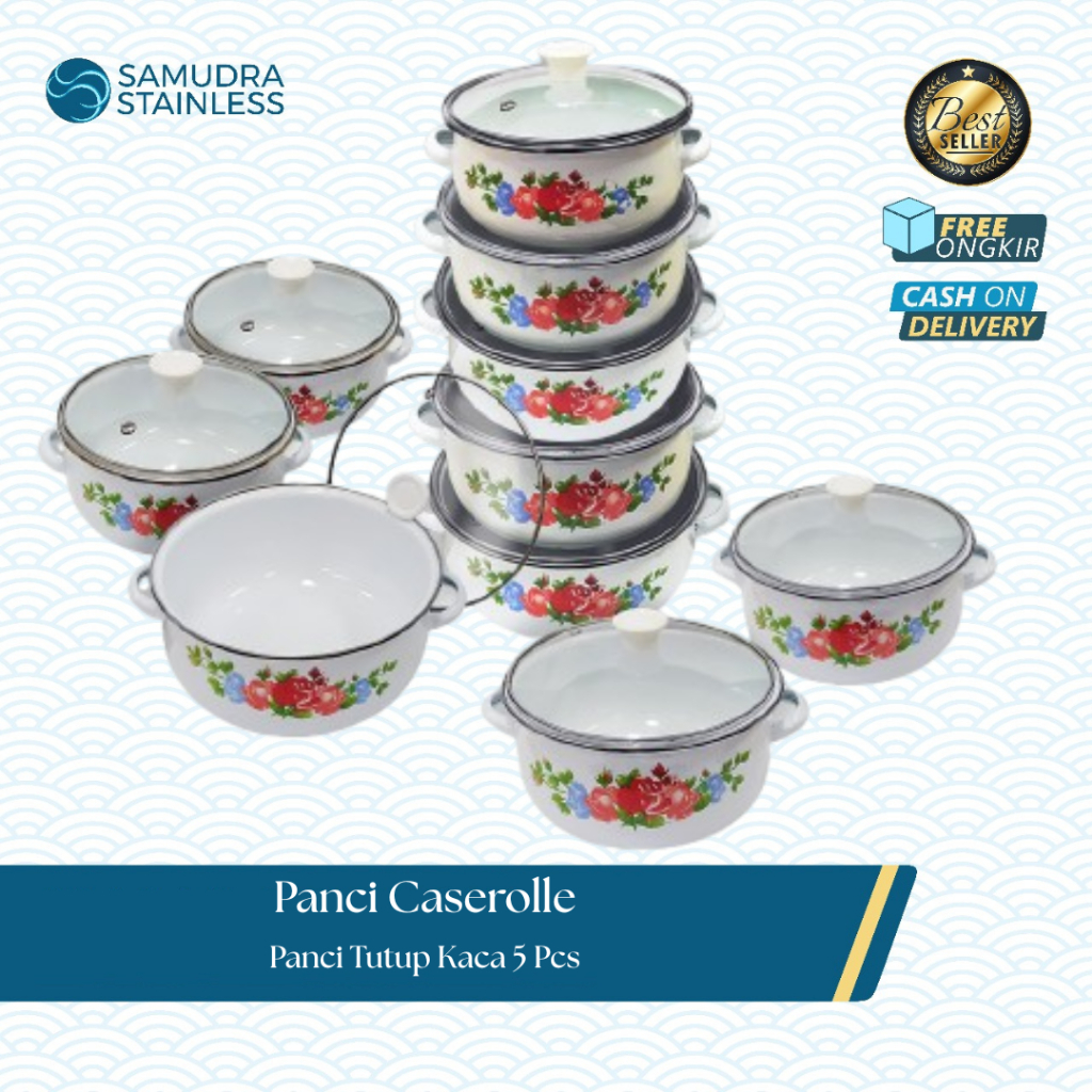 NIZEN Panci Enamel set 5 pcs tutup kaca motif bunga