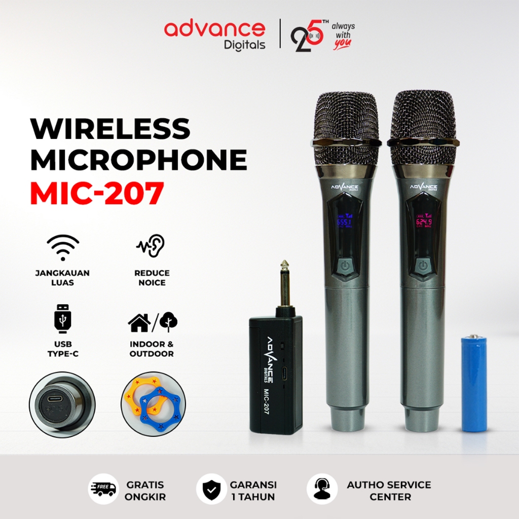Advance Professional Microphone MIC-207 Mic Wireless Mic Bluetooth Grey [Garansi Resmi 1 Tahun]