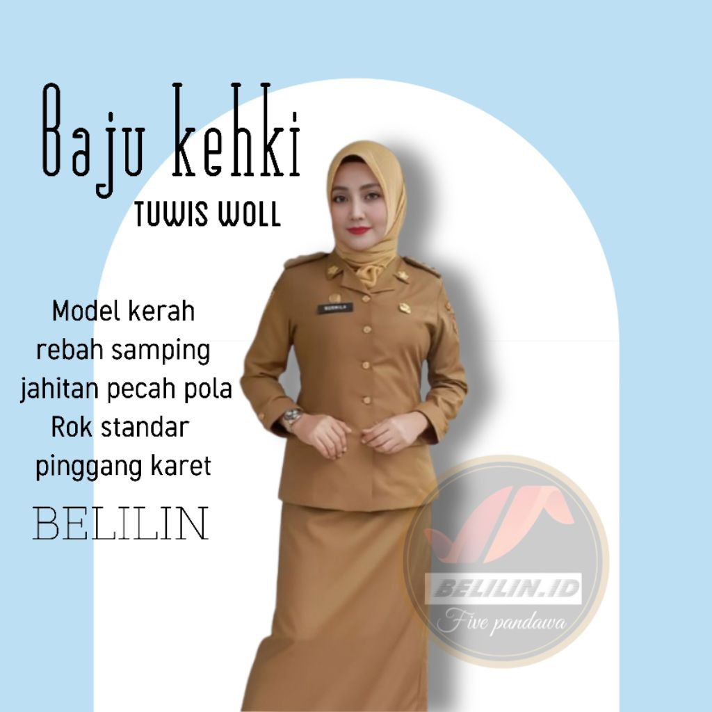 1set baju PNS wanita Kahki & rok standar/model kerah rebah/jahitan pecah pola/bahan DIRLL AMERICAN