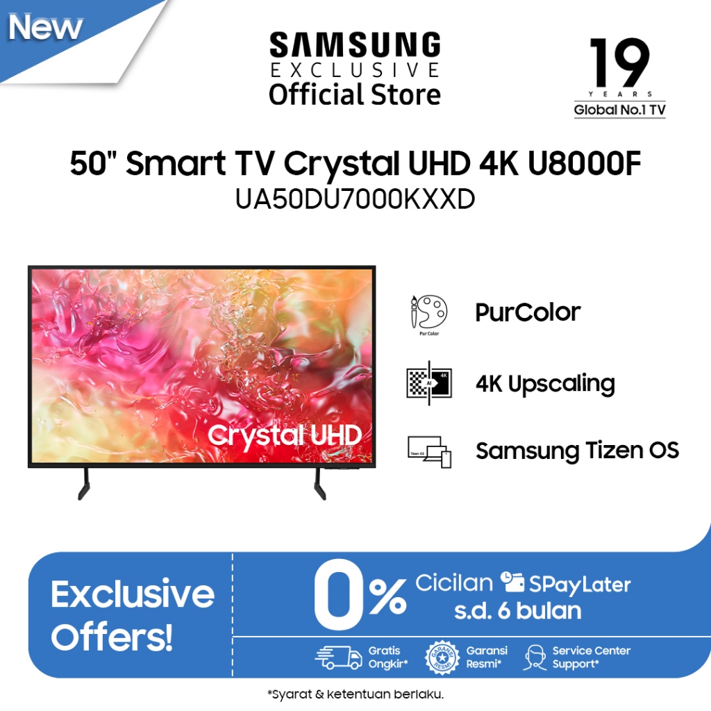 Samsung 50" Crystal UHD 4K DU7000 4K Smart TV | PurColor | Motion Xcelerator | UA50DU7000KXXD