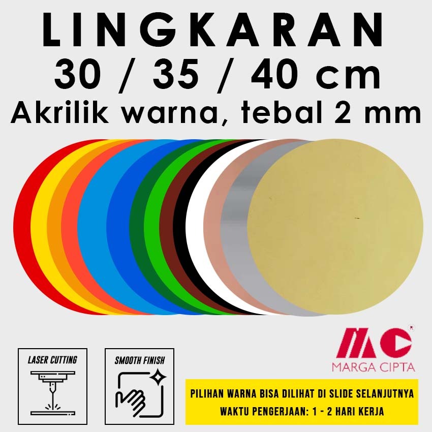 

[Tebal 2 mm] Lingkaran Akrilik 30 cm / 35 cm / 40 cm - Akrilik warna Gold / Silver / Rose Gold / Hitam / Putih / Coklat / Merah / Kuning / Orange / Biru / Hijau / Transparan - Laser Cutting Marga Cipta