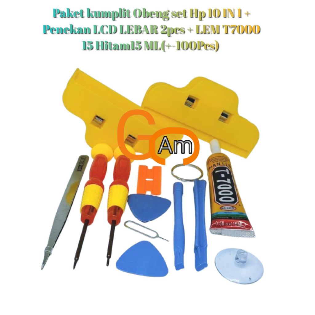 Paket kumplit Obeng set Hp 10 IN 1 + Penekan LCD LEBAR 2pcs + LEM T7000 15 Hitam15 ML(+-100Pcs) Sim 