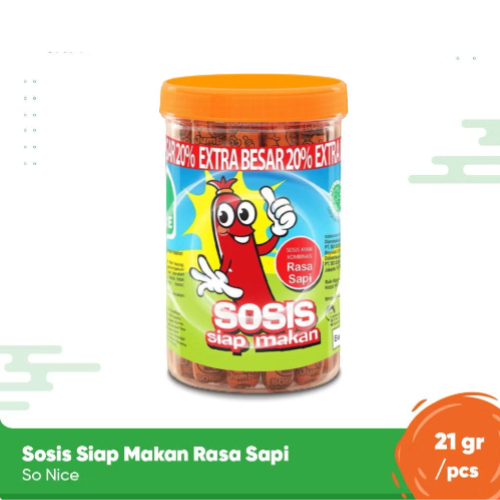 

So Nice Sosis Siap Makan Rasa Sapi 1 Karton (6 Toples x 24 Pcs x 21 gr)