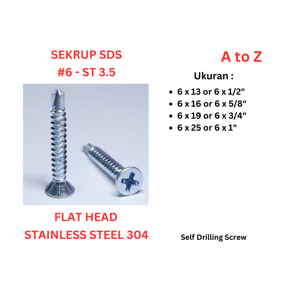 Sekrup SDS Roofing FH #6 x 13 / 16 / 19 / 25 or 6 x 1/2" / 5/8" / 3/4" / 1" ST 3.5 Stainless Steel 3